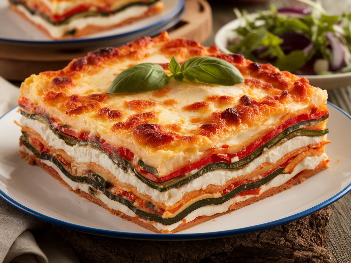 Creamy Vegetable and Ricotta Lasagna Recipe A slice of creamy vegetable and ricotta lasagna with layers of spinach, mushrooms, and courgettes, garnished with basil on a wooden table.